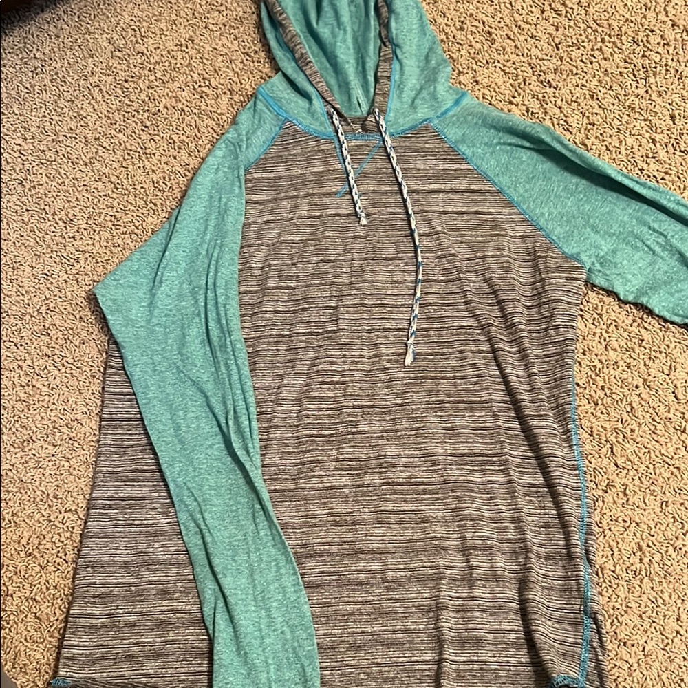 Teal and Gray Hooded Long Sleeve Top